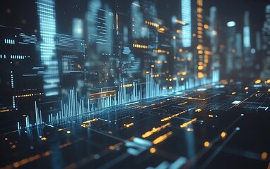 3D digital charts superimposed on a cityscape, showcasing real estate market expansion, property trends, business finance visualization, sleek futuristic design