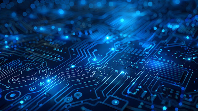 Modern technology circuit board texture background design. Waves flow. Quantum explosion technology. Quantum computer technologies concept. Futuristic blue circuit board backgroun