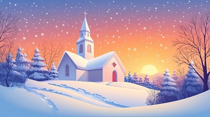 Snowy Church at Sunset with Falling Snowflakes