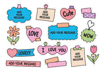 cute hand drawn lovely note paper and masking tape in trendy girly style