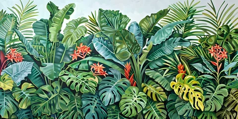 Fotobehang A vibrant tropical foliage scene featuring lush green leaves and colorful flowers. © Adi