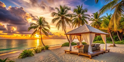 Fototapeta premium Tropical Luxury Cabana at Serene Beach Resort - A Blissful Escape with Stunning Ocean Views, Exquisite Design, and Lush Surroundings for Ultimate Relaxation and Adventure