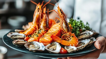 A vibrant seafood platter featuring fresh shrimp and oysters garnished with herbs, presented by a chef in a professional kitchen setting.