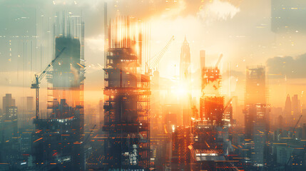 Fototapeta premium Multi exposure of industrial and building constuction city infrastructure background modern building crane and construction equipment overlay with building engineering concept