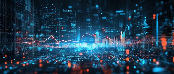 Naklejka premium Blue growth chart representing financial success with a rising data graph and upward arrow symbol, set against an abstract background for marketing and investment analytics