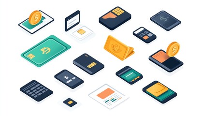 Clean fintech vector design featuring icons of digital wallets, payment solutions, and mobile transaction networks in a sleek, minimalist style