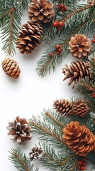 Naklejka premium Festive pinecones and holly on a snowy background, evoking winter cheer.