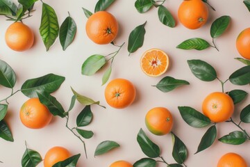 Oranges arranged with green leaves on a light beige background, showcasing fresh fruit and nature elements, perfect for food and health related concepts