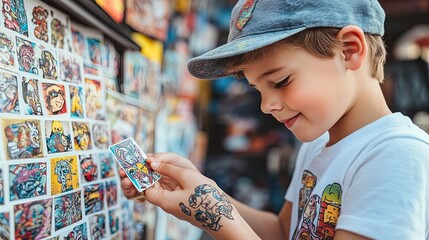Boy with a Tattooed Arm Looks at a Cartoon Sticker