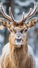 Fototapeta premium Majestic deer with snow-dusted antlers in a serene winter landscape.
