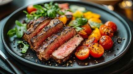 Grilled Steak Slices Served With Roasted Tomatoes And Greens