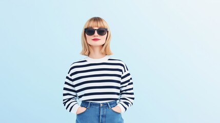 Fototapeta premium Woman in striped sweater and sunglasses poses confidently in front of a light blue backdrop.
