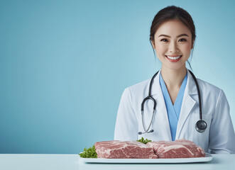 A beautiful Asian female doctor smiling, wearing a white coat and blue top with a stethoscope around her neck, standing in front of a light baby-blue solid color background