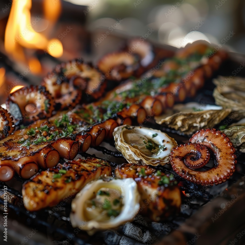 Canvas Prints Grilled octopus and oysters on a BBQ grill, garnished with herbs, showcasing a delicious seafood feast with flames in the background.