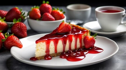 Cheesecake topped with fresh strawberry compote and mint leaves.