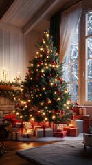 A beautifully decorated Christmas tree in a cozy living room setting.