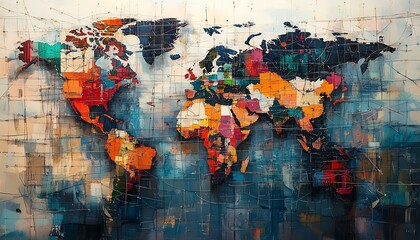 Fototapeta premium International trade conceptual art, featuring a complex web of global value chains linking manufacturers, suppliers, and distributors, illustrating crossborder commerce