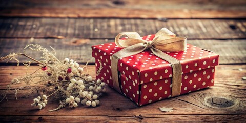 Fototapeta premium Vintage Style Photography of a Red and White Polka Dot Gift Box with White Bow, Perfect for Celebrations, Birthdays, and Special Occasions