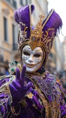 Elegant male performer in a vibrant purple costume and ornate mask at a festival.