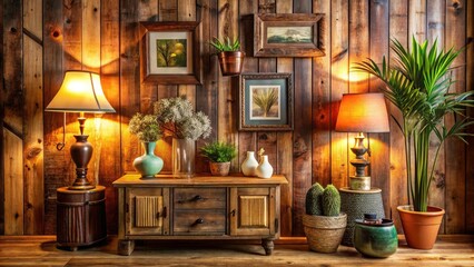 Fototapeta premium Vintage Style Photography of a Wooden Texture Wall with Decorative Art, Contemporary Interior Design, Soft Lighting, and Natural Accents for a Cozy Ambiance