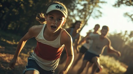 Fototapeta premium Young Girl Running with a Determined Expression in a Forest Setting