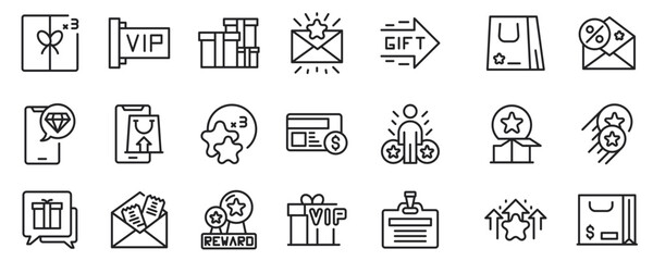 Exclusive benefit, prize, incentive, reward editable stroke outline icons set isolated on white background flat vector illustration	