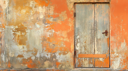 Weathered Orange Wall with Old Wooden Door