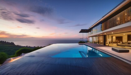 Fototapeta premium Breathtaking Dusk Views: Stunning Modern Mansion with Infinity Pool