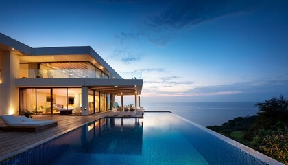 Fototapeta premium Serene Sunset Oasis: Luxurious Mansion Overlooking the Ocean
