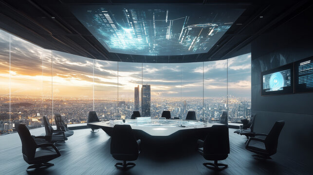 Futuristic Conference Room, Panoramic Cityscape, High-Tech Meeting, Smart Table, 3D Rendering - Powered by Adobe