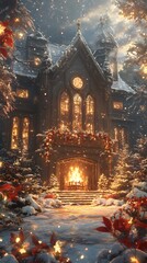 Enchanting winter scene of a beautifully decorated mansion with a warm fireplace glow.
