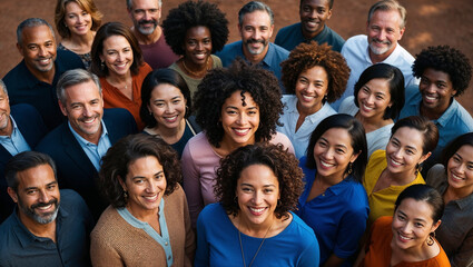 Obraz premium Diverse Group Portrait from a Top-down View, Featuring Men and Women of Various Ages and Ethnic Backgrounds, Highlighting Unity and Inclusivity