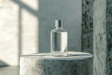 Glass bottle on a concrete podium.