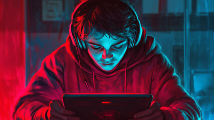 Teen Gamer, Red Blue Neon, Tablet Gaming, Headphones, Digital Art