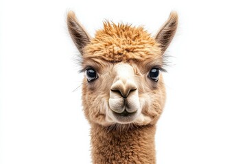 Close-up portrait of an alpaca's face against a white background.