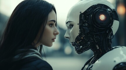 A woman and a robot are standing next to each other