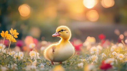 Cute duckling in a field of flowers.