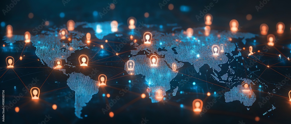 Poster personal data and social communication concept with digital graphic user icons on a world map globe,