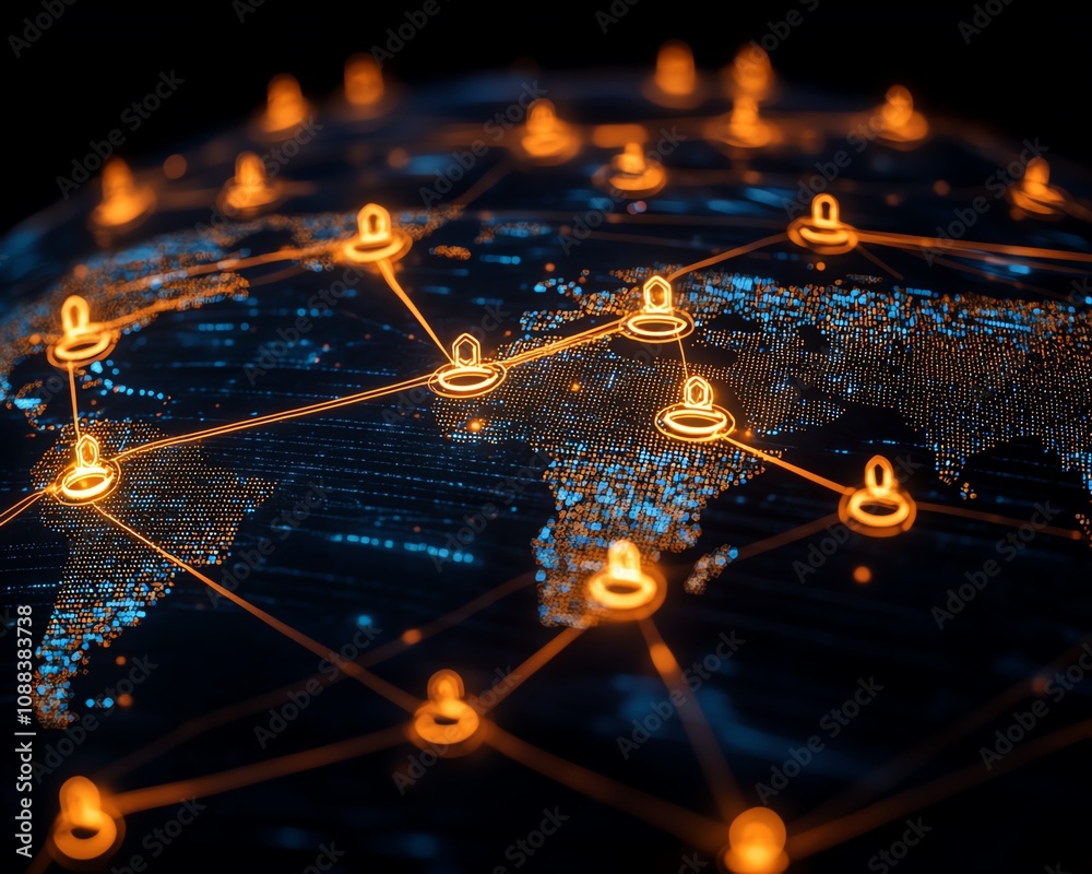 Poster personal data and social communication concept with digital graphic user icons on a world map globe,