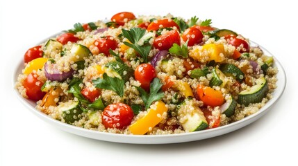 A colorful plate of roasted vegetable quinoa salad with bell peppers, zucchini, cherry tomatoes