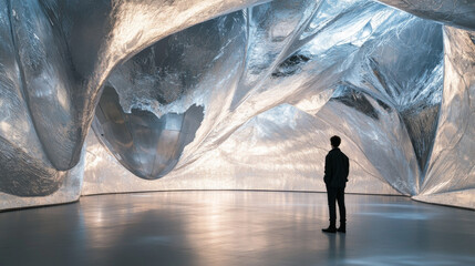 Silver Foil Sculpture Installation: Abstract Art, Modern Architecture, Interior Design, Contemporary Exhibit, Reflective Surface