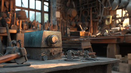Quantum Magnetometer in Rustic Blacksmith Workshop: 3D Render