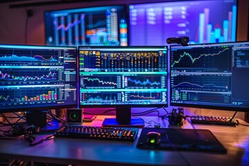 Three monitors on a desk accompanied by a keyboard and mouse, creating a modern workspace setup. A desktop with multiple screens showing various data graphs .