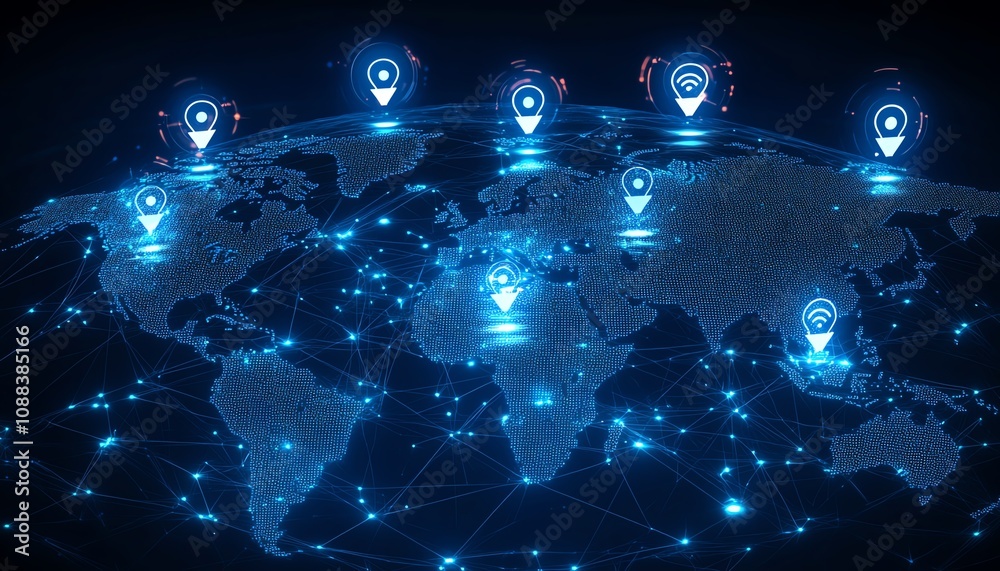Poster 3d rendering of personal data and social communication, featuring digital user icons on a world map 