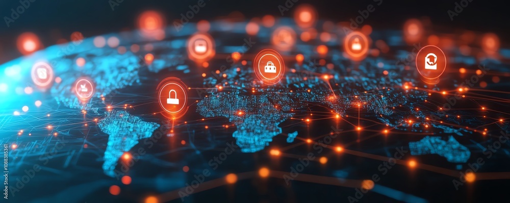 Poster 3d rendering of personal data and social communication, featuring digital user icons on a world map 