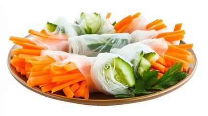 A colorful plate of vegetable spring rolls with carrots, cucumber, bell peppers