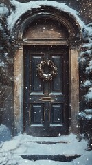 An inviting wooden door adorned with a wreath amidst falling snow.