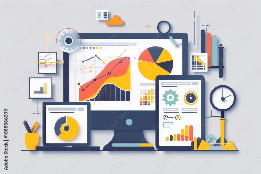 Poster a modern software dashboard displaying various data analysis tools designed for efficient data proce