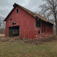 Desolate barn: A wooden barn with shattered windows, falling roof shingles, and a faded red exterior, standing against a white background that makes the building's deterioration even more striking.