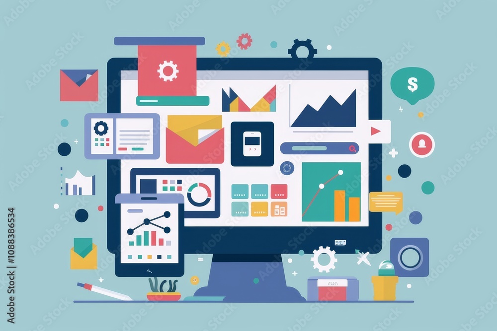 Poster a modern software dashboard displaying various data analysis tools designed for efficient data proce